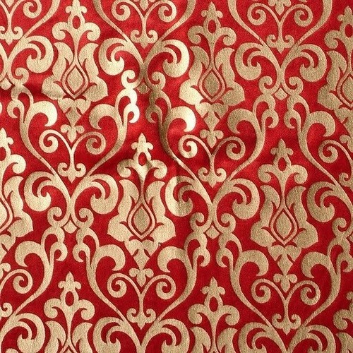 Red Damask Printed Velvet Fabric By The Yard, Velvet Fabric With Gold Print - Picture 2 of 5