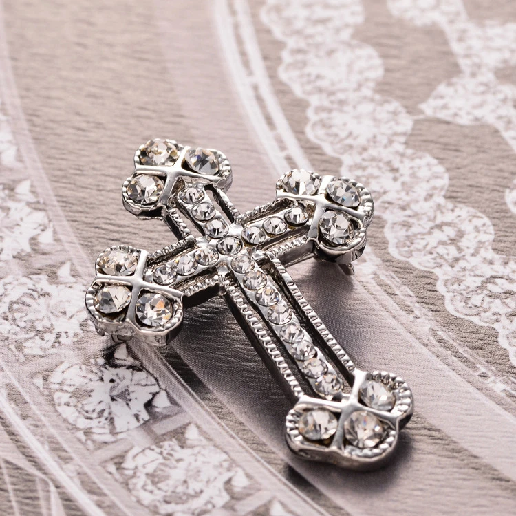 White Gold Plates Rhinestone Cross Brooch