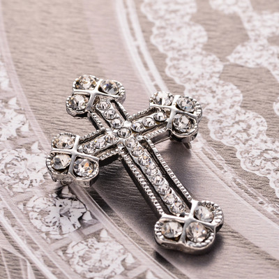 Clearance! Unisex White Gold Plates Rhinestone Cross Brooch Pin