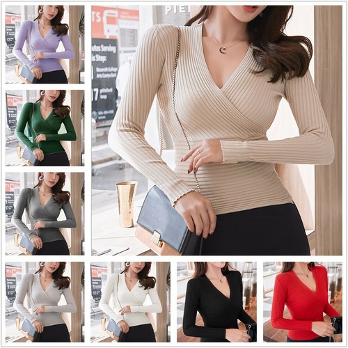 Women Sexy Deep V Neck Wrap Sweaters 
