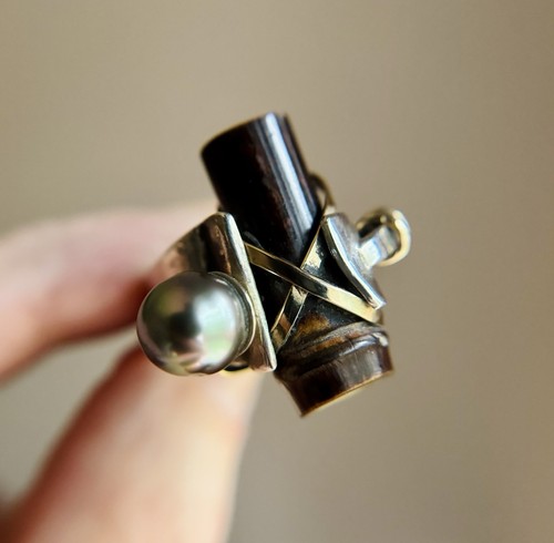 Fred & Janis Tate Sterling Silver 14K Gold Tahitian Pearl & Bamboo Ring Sz 5.75 - Picture 2 of 20