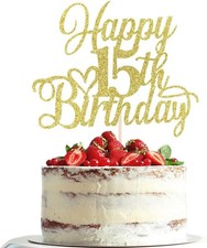 Gold Glitter Happy 15th Birthday Cake Topper, 15th Birthday Decorations, Cheers