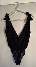 Free People Intimately Lace All Day V- Neck Plunging Black Bodysuit Size Medium