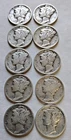 🔥 Mercury Silver Dimes 1942 And 1936 P Lot Of 10 90% Silver $1 Face 5 Ea.🔥#17