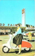 1986 Lambretta Scooter Woman on Vespa at Food Fair Advertising Postcard