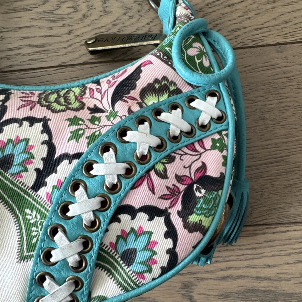 Bolso hobo pequeño vintage Isabella Fiore floral de lona y cuero turquesa con cordones Foto 4 de 4