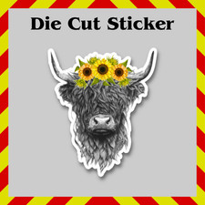 Highland Cow Sticker, Sunflowers, Waterproof Die-Cut Vinyl Printed Decal