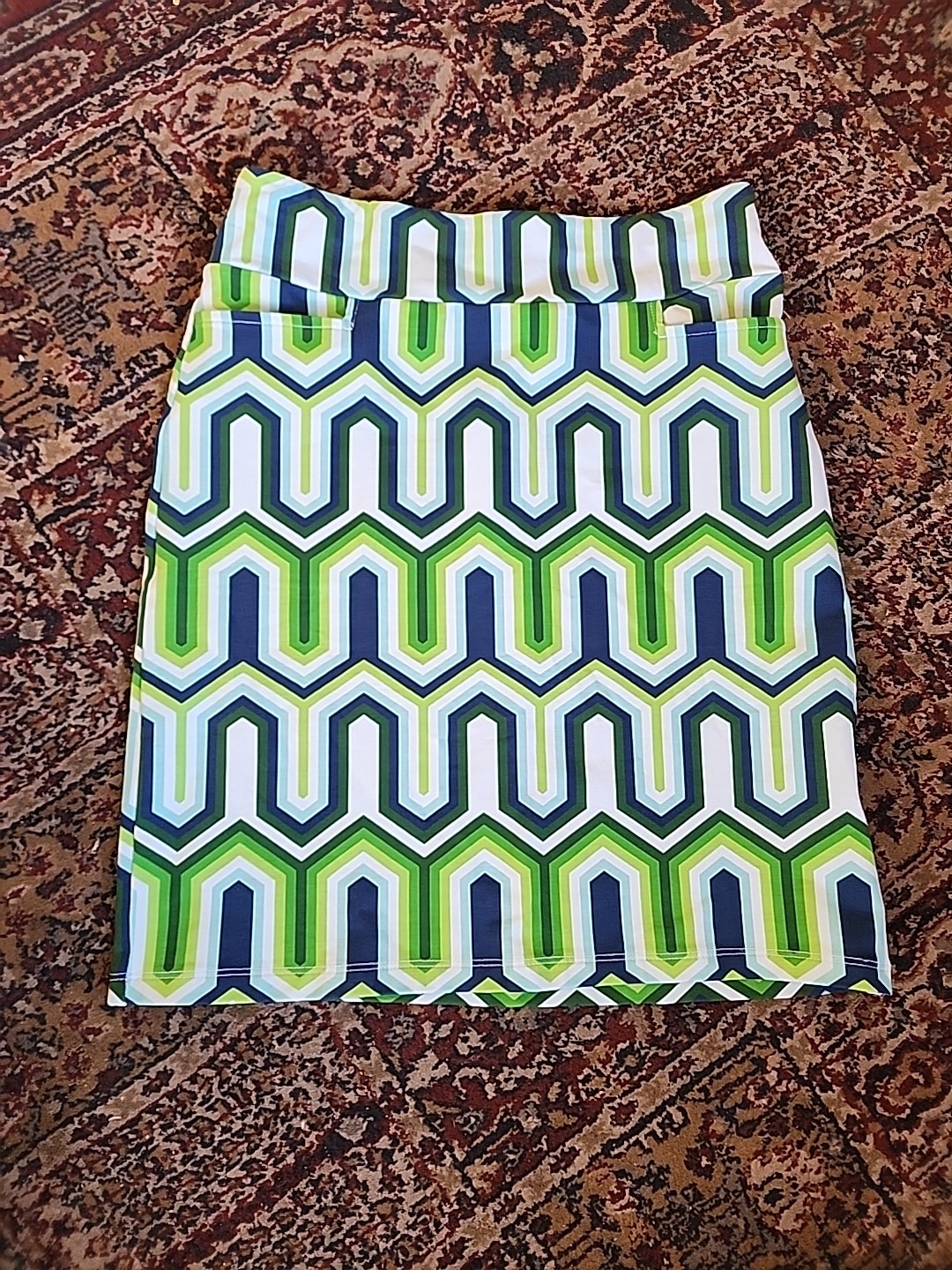 Lesley Evers Green Blue Geometric Patterned Skirt… - image 1
