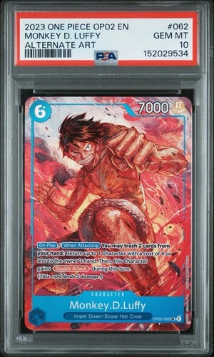2023 ONE PIECE OP02-PARAMOUNT WAR ALTERNATE ART #062 MONKEY D. LUFFY PSA 10
