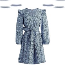 Ex J.Crew Women's Mini Dress Blue Floral 3/4 Puff Sleeve Cotton