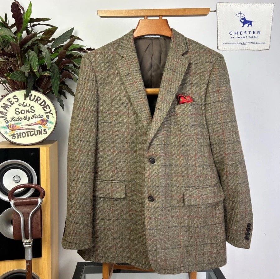 Chester Barrie (46R) Savile Row Wool Windowpane Jacket Tweed Modern Box Check