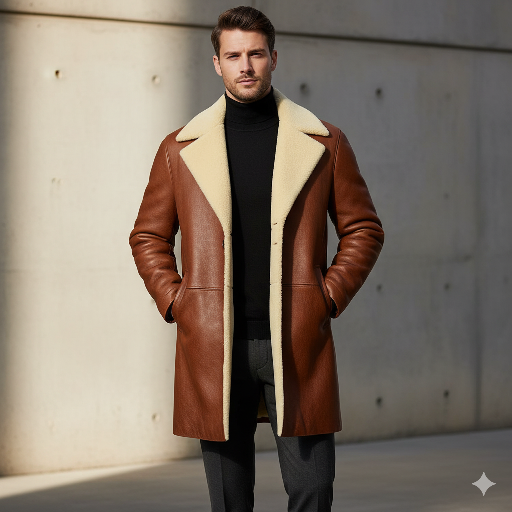NEW Men's Brown Real Leather Shearling Coat | Warm Winter Fur Lined Overcoat