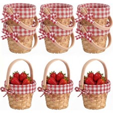 6 Pc Mini Wooden Berry Baskets Red Gingham Liner Round Woven Party Favors NEW V9
