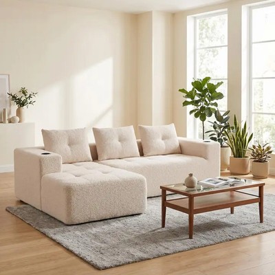 Beige Chenille 3 Seater Corner Sofa with Chaise Lounge and Glass Holder