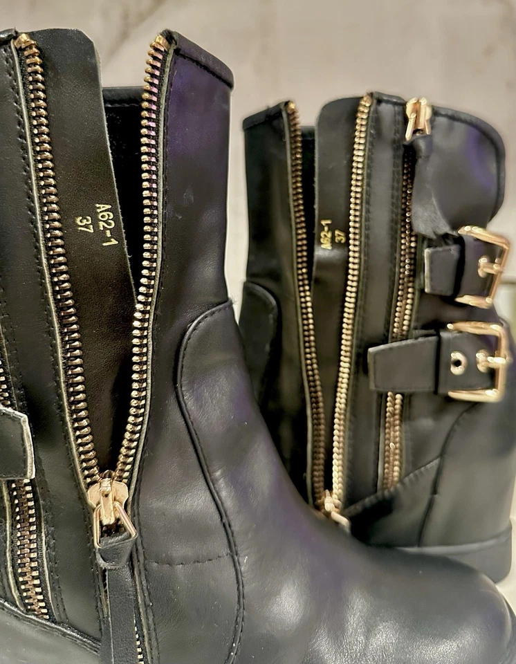 Giuseppe Zanotti Botas de Cuña Ocultas De Colección 37 Cuero Negro Dorado Hebilla con Cremallera Foto 3 de 4
