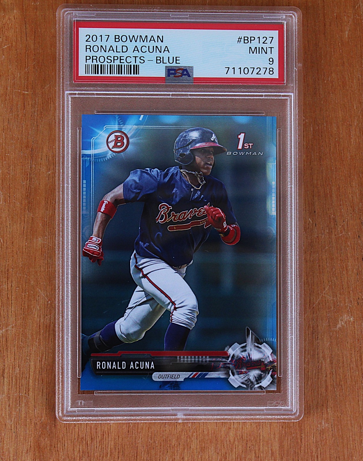 RONALD ACUNA ROOKIE: 2017 BOWMAN #BP127: PROSPECTS-BLUE /150: PSA MINT 9