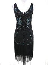 Babeyond Dress Womens Small Black Sequins Beads Side Zip Fringes Flapper 20s