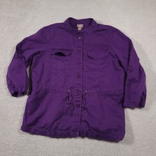 Chicos Jacket Women's Large 2 Purple Linen Blend Button Up Roll-Tab Sleeve Cinch