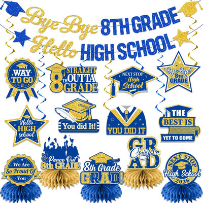 8Th Grade Graduation Decorations,Blue and Gold 8Th Grade Graduation Banner Hangi