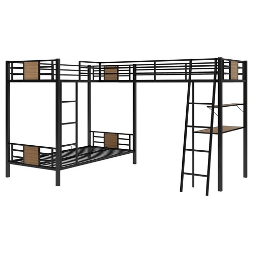 L-Shaped Bed Frame Metal Twin over Twin Bunk Bed with Desk & Shelf for Bedroom - Picture 8 of 10