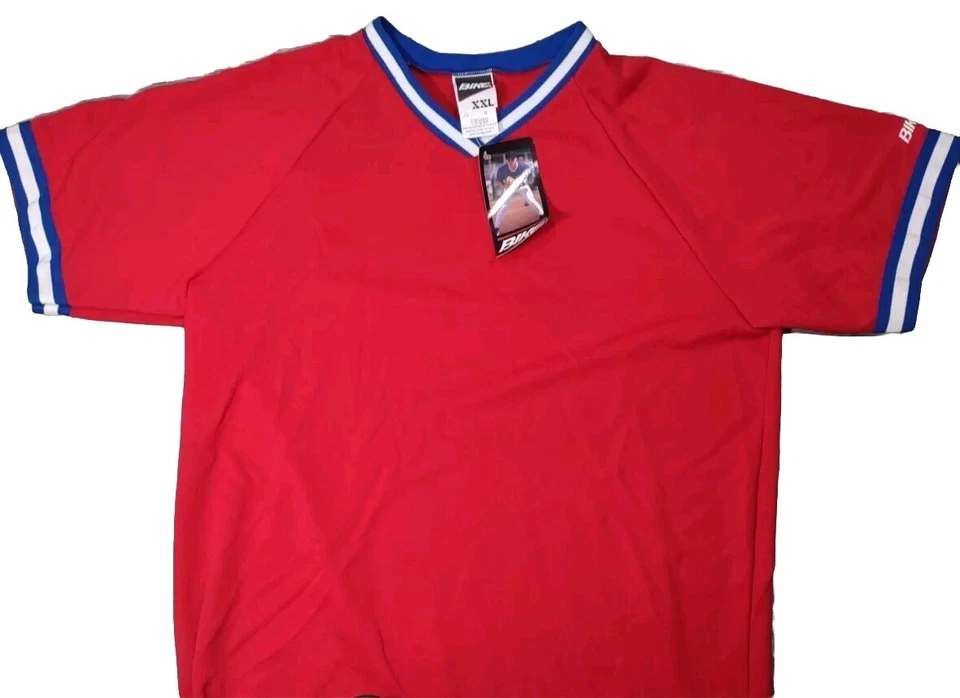 复古自行车运动棒球球衣衬衫男式 XXL 红色/蓝色 90 年代全新无标签 BLANK — 第 2/4 张图片