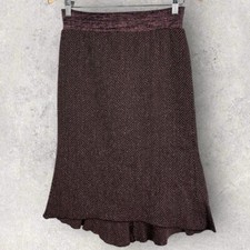 Mango MNG Burgundy Tweed Chevron Midi Wool Silk Skirt Size 2 Purple Elastic Boho