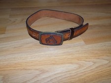 Child Size 20 Tooled Brown Leather Country Western Belt JAKOB Horse Buckle 25"