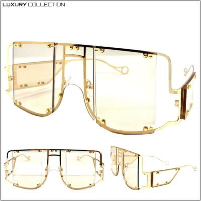 Oversized Contemporary Modern Retro Shield SUN GLASSES Gold Frame Champagne Lens