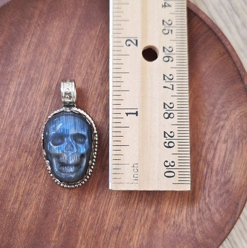 Carved Blue Labradorite Stone Tibetan Silver Small Skull Pendant Boho Unique - Picture 5 of 6