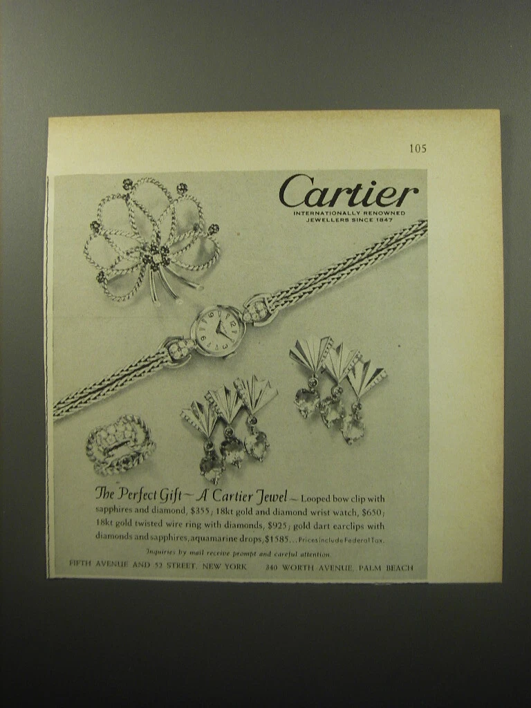 1951 Cartier Jewelry Ad Clip ad arco ad anello; Orologio da polso; anello