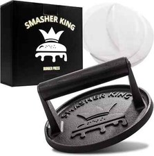 SMASHER KING  - Premium Cast Iron Smash Burger Press incl. 25 pcs of Patty...