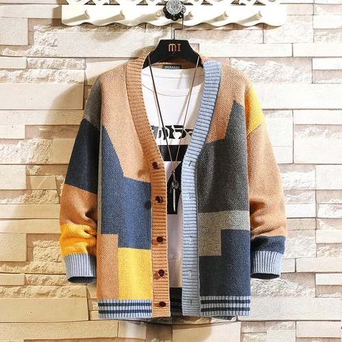 Mens Teens Designer V-Neck Patchwork Jumper Cardigan Cashmere Sweater Loose Fit - Picture 8 of 16