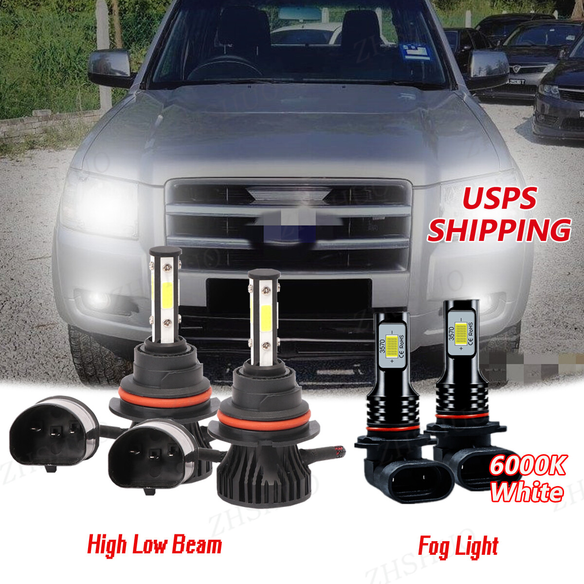 4-Piece 6000K LED Headlight High/Low Beam + Fog Light Bulb Kit – Fits Ford Ranger 2001–2011, 9007/9006