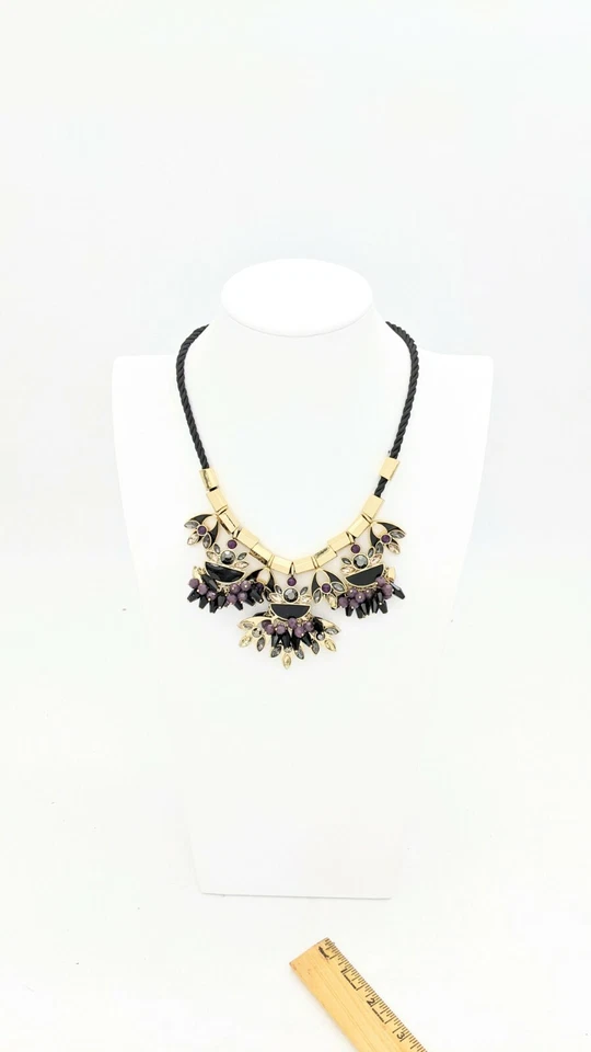 女士声明项链黑色绳子金色水晶簇 — 第 4/4 张图片