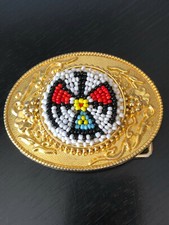 Unique Rare Beaded Eagle Raised Gold Tone Belt Buckle Colorful