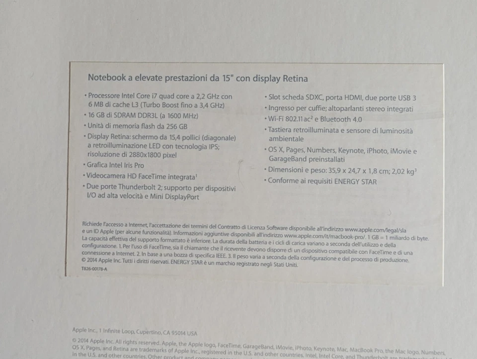 Computer Macbook Pro 15" retina 2014 Intel i7 2.2ghz 4core, 256Gb ssd, 16 gb ram - Immagine 2 di 4