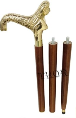 Vintage Brass Style Fish Woman Head Handle Nautical Wooden Walking Cane Sticks  