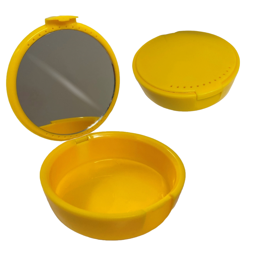 Premium Denture Retainer Box With Mirror &  Vent Holes (Yellow) - F2 Medical