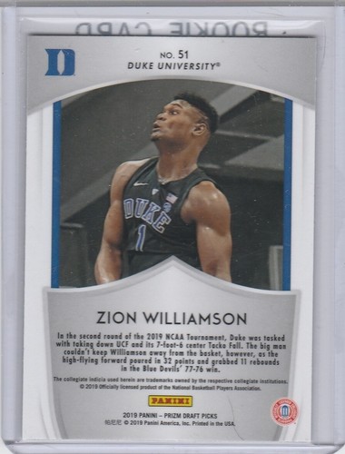 ZION WILLIAMSON Duke ROOKIE CARD Prizm Draft Picks 2019 RC New Orleans Pelicans! - Picture 2 of 2