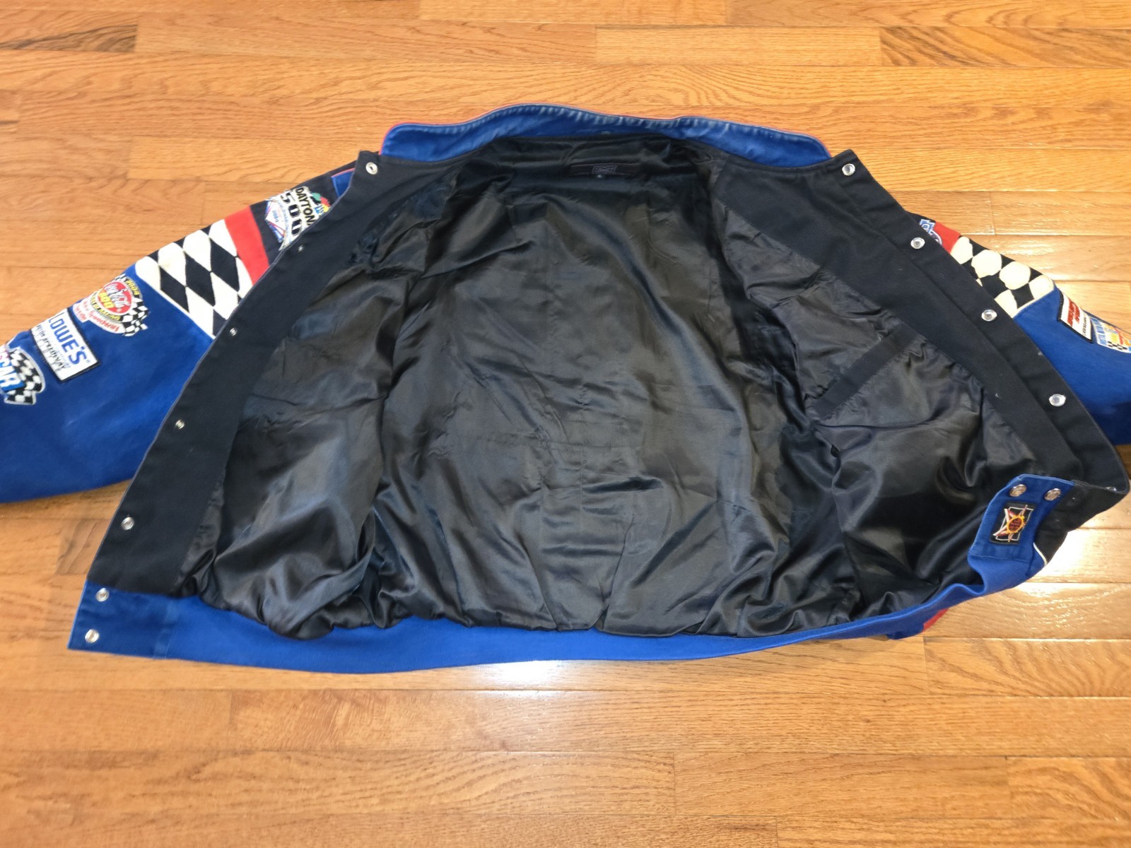 VTG JH DESIGN NASCAR RACING  JACKET CUSTOMIZED MANY PATCHES SIZE XL BLUE BLACK