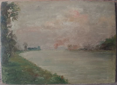 Etude Pochade Ancienne Huile Carton fin XIXe Paysage Impressionniste Bord Fleuve - Photo 1/4