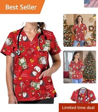 Women Scrubs V Neck Printed Medical Scrub Tops Nurse Uniform Pockets