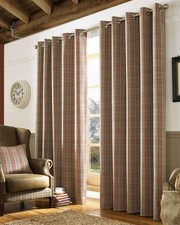 Beige Red Tartan Plaid Eyelet Curtain Pair 46x54 Inch Fully Lined