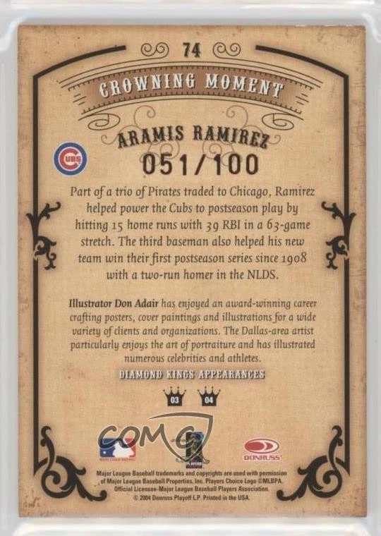 2004 Donruss Diamond Kings Bronze Signatures /100 Aramis Ramirez #74 Auto - Image 2 of 2