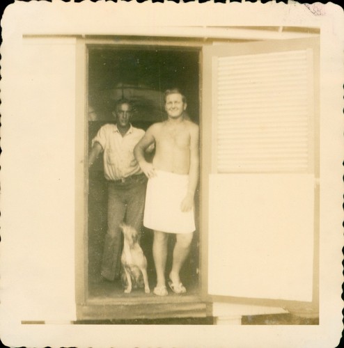 early 1950s US Army GI's Hawaii Photo shower soldier & mascot dog