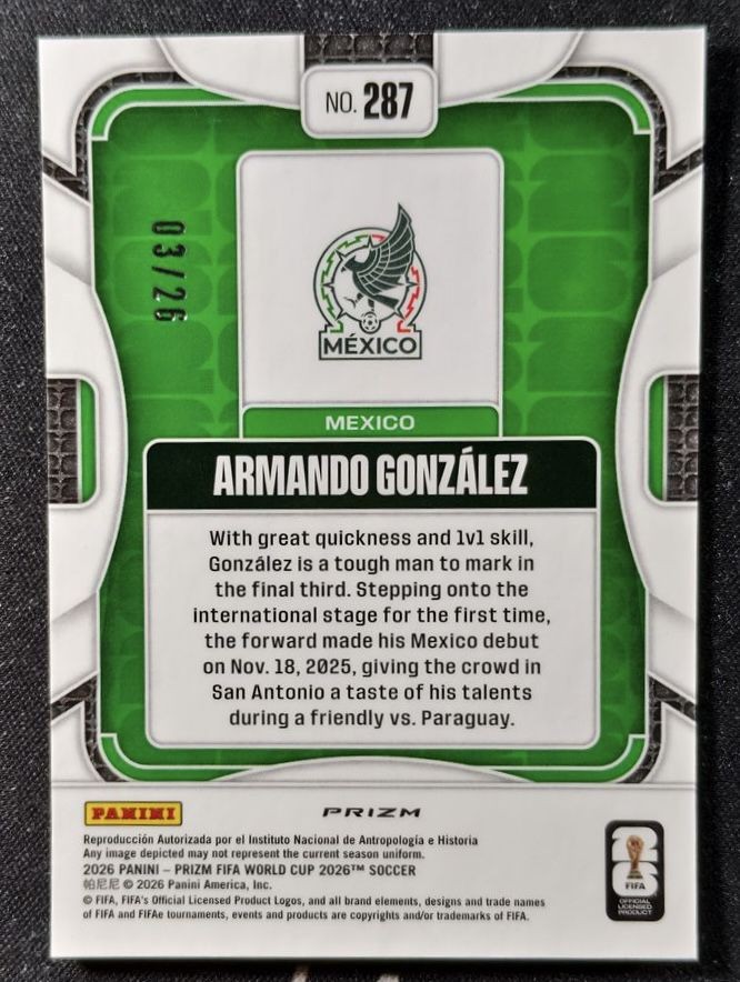 2026 Panini Prizm World Cup Armando Gonzalez Rookie RC Multicolor /26 SSP view 2