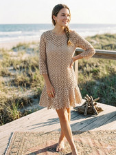 Ai Lin Tan Crochet Lace Drop Waist Mini Dress Beige Nude 3/4 Sleeve Medium Chic