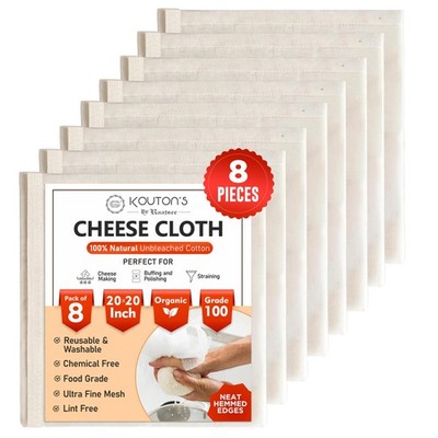 Telas queso precortadas de 20x20 pulgadas con dobladillo, 100% sin blanquear.