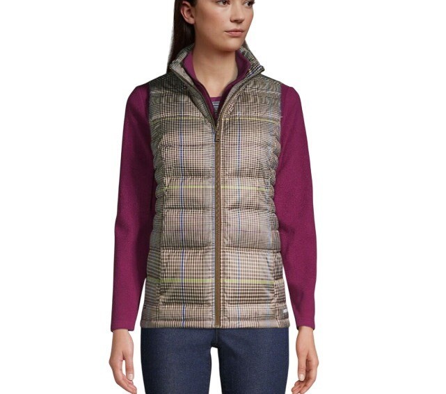 Lands End Women's Down Puffer Vest 600 Fill Size XL 18 Brown Plaid NWT