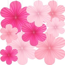 Hot Pink Paper Fans Hanging Ornaments   Set of 9  Paper Flowers Deco